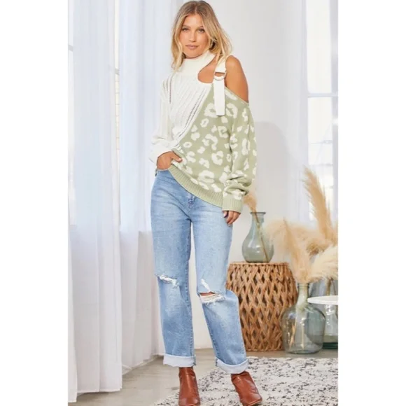 SOLD OUT Sage Leopard Print Cable Knit Long Sleeve Cold Shoulder Buckle Sweater - Picture 3 of 6